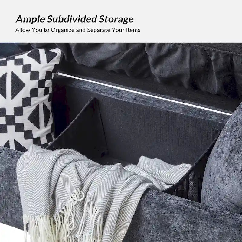 Banc de rangement capitonné rabattable en velours gris / moutarde / bleu marine / ivoire / noir avec accoudoirs et coussins, 1 personne