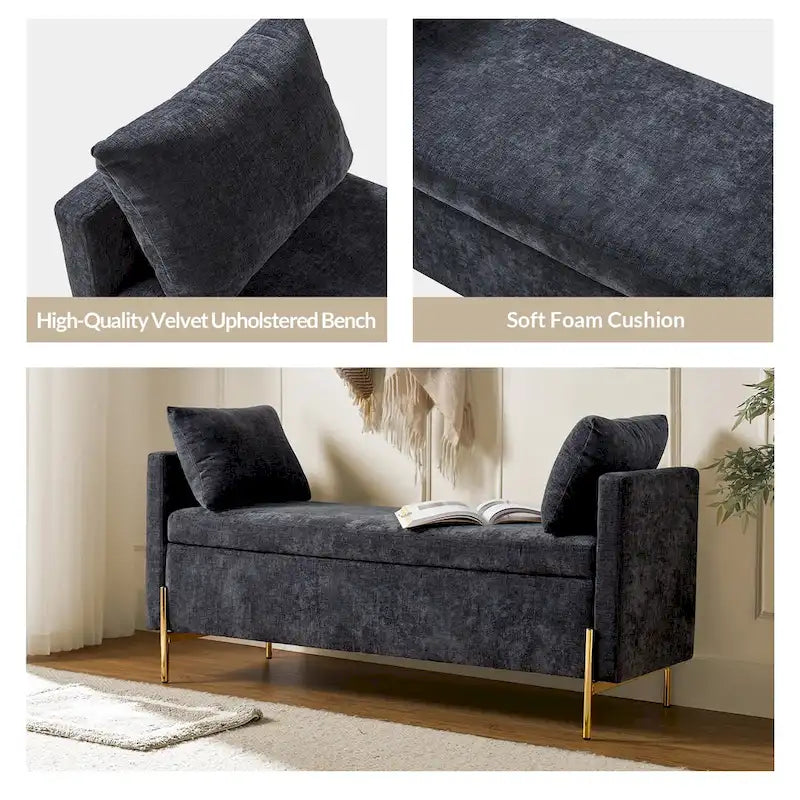 Banc de rangement capitonné rabattable en velours gris / moutarde / bleu marine / ivoire / noir avec accoudoirs et coussins, 1 personne