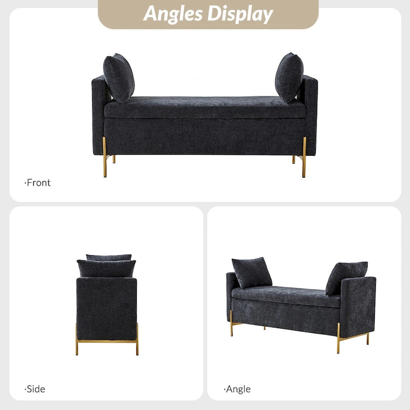 Banc de rangement capitonné rabattable en velours gris / moutarde / bleu marine / ivoire / noir avec accoudoirs et coussins, 1 personne