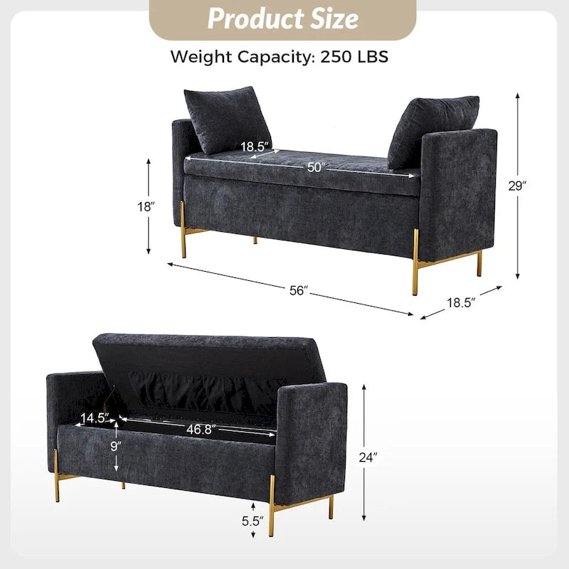 Banc de rangement capitonné rabattable en velours gris / moutarde / bleu marine / ivoire / noir avec accoudoirs et coussins, 1 personne