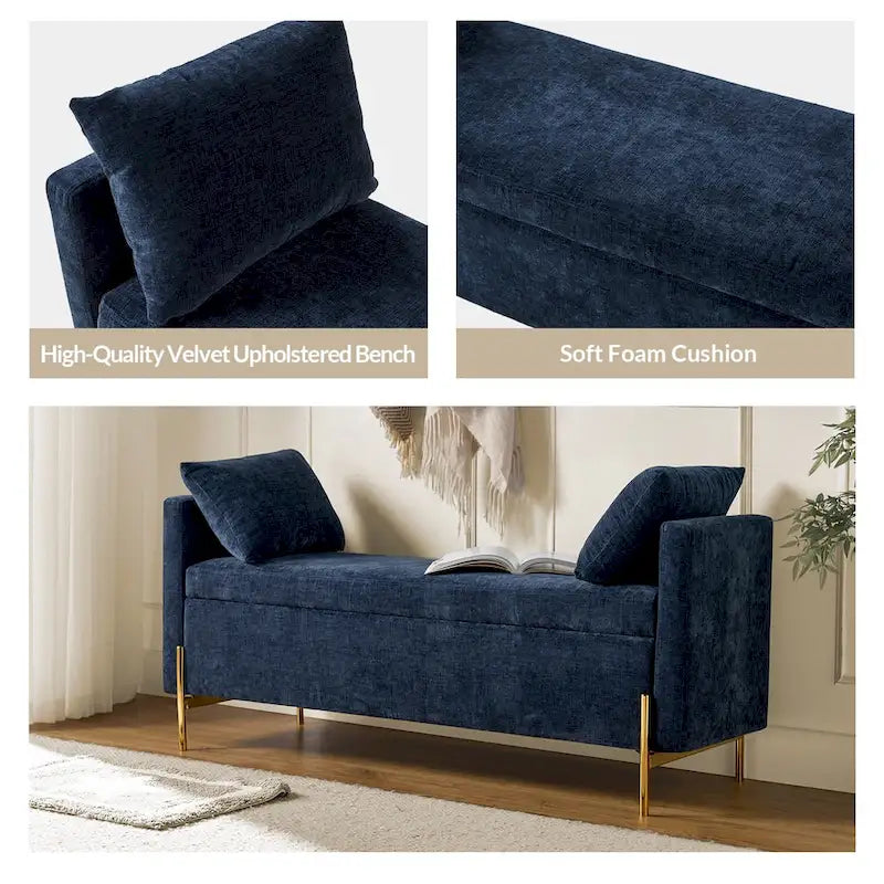 Banc de rangement capitonné rabattable en velours gris / moutarde / bleu marine / ivoire / noir avec accoudoirs et coussins, 1 personne