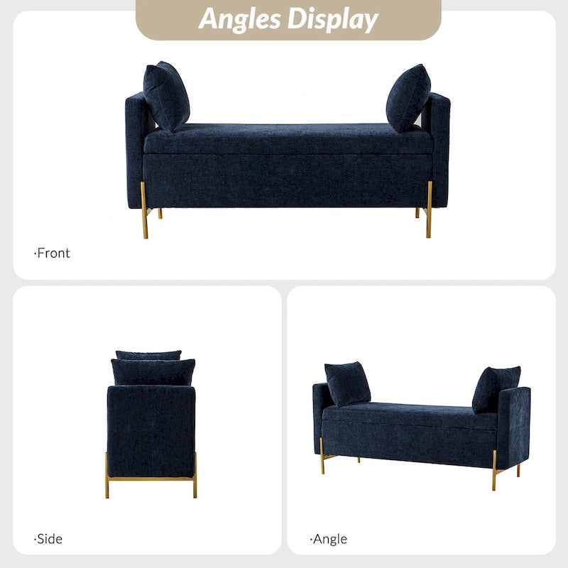 Banc de rangement capitonné rabattable en velours gris / moutarde / bleu marine / ivoire / noir avec accoudoirs et coussins, 1 personne