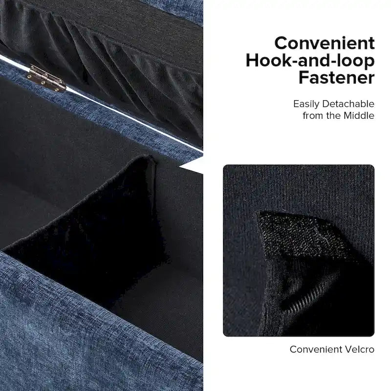 Banc de rangement capitonné rabattable en velours gris / moutarde / bleu marine / ivoire / noir avec accoudoirs et coussins, 1 personne