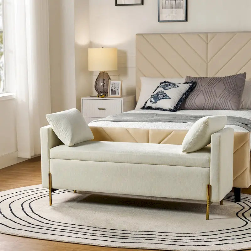 Banc de rangement capitonné rabattable en velours gris / moutarde / bleu marine / ivoire / noir avec accoudoirs et coussins, 1 personne