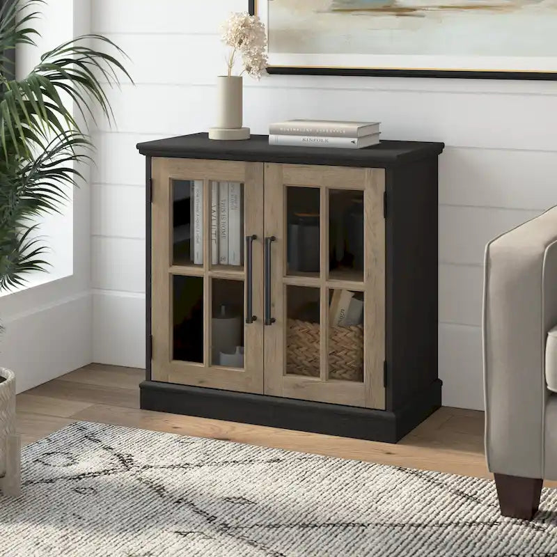 Armoire de rangement de style campagnard en frêne blanc et noir vintage avec portes vitrées – 1 porte