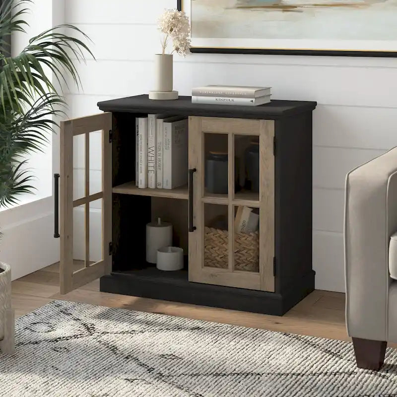 Armoire de rangement de style campagnard en frêne blanc et noir vintage avec portes vitrées – 1 porte