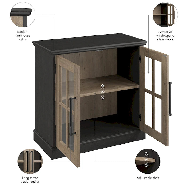Armoire de rangement de style campagnard en frêne blanc et noir vintage avec portes vitrées – 1 porte