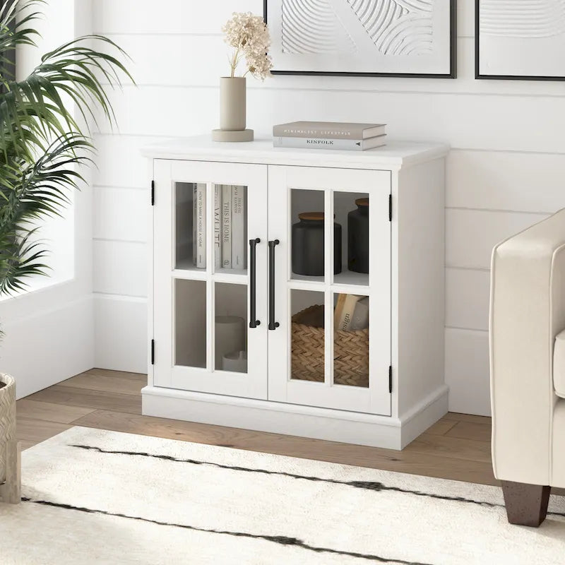 Armoire de rangement de style campagnard en frêne blanc et noir vintage avec portes vitrées – 1 porte