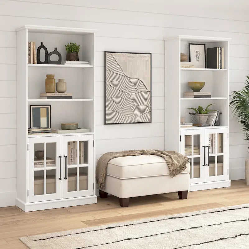 Armoire de rangement de style campagnard en frêne blanc et noir vintage avec portes vitrées – 1 porte