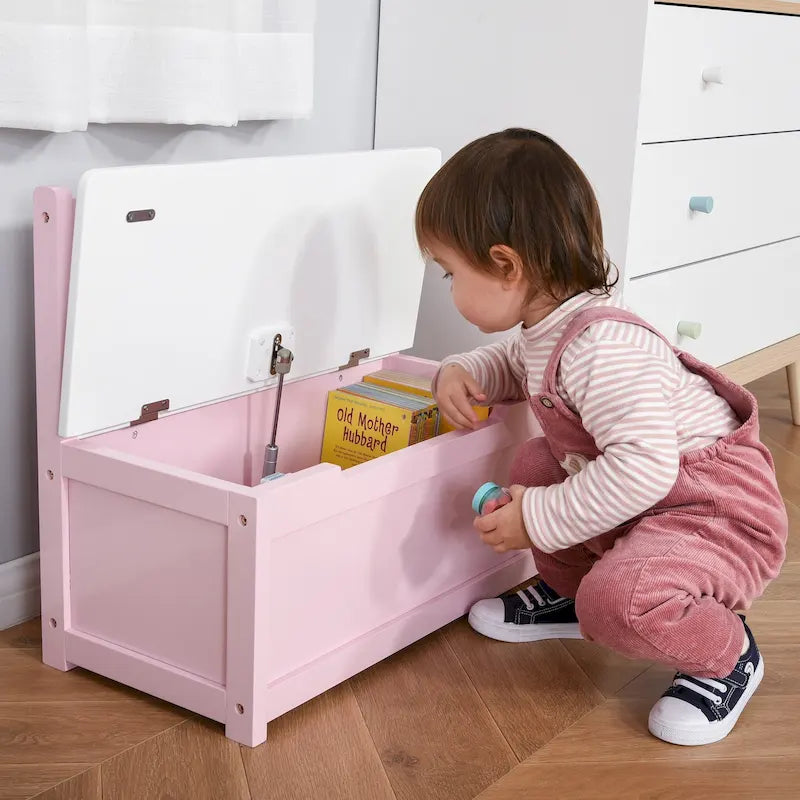 Banc de rangement pour enfants rose/gris/blanc avec couvercle de sécurité – Coffre à jouets et siège 2 en 1