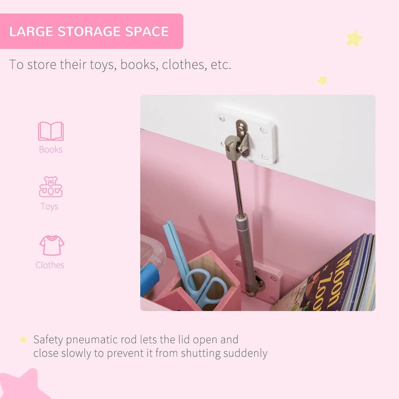 Banc de rangement pour enfants rose/gris/blanc avec couvercle de sécurité – Coffre à jouets et siège 2 en 1