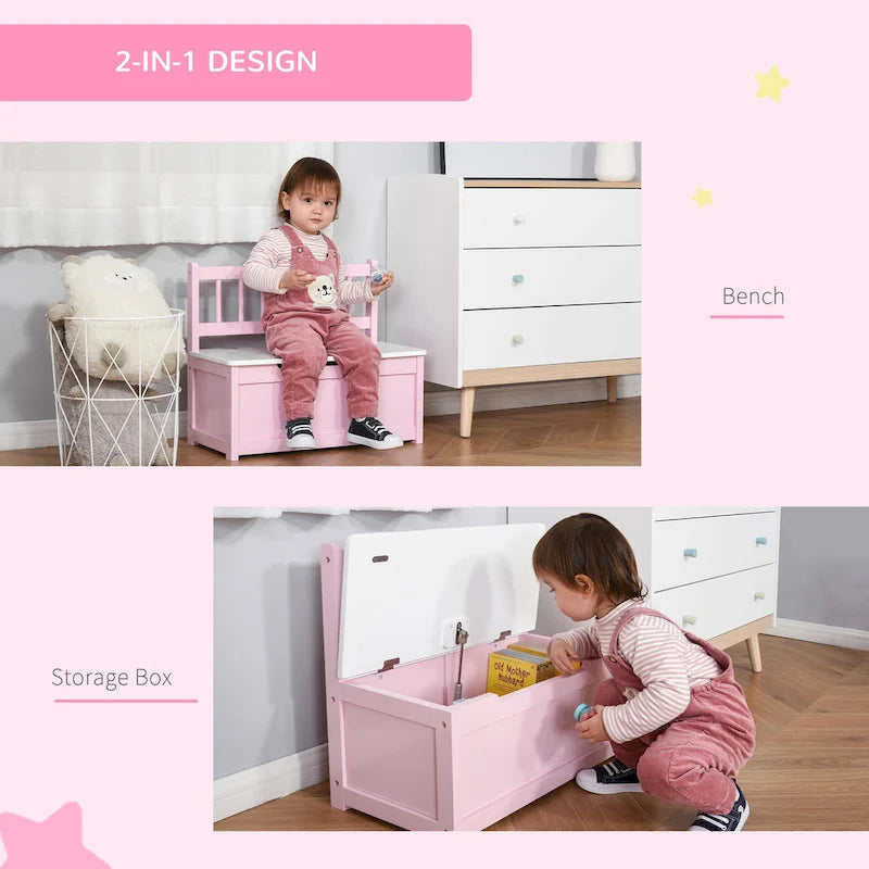 Banc de rangement pour enfants rose/gris/blanc avec couvercle de sécurité – Coffre à jouets et siège 2 en 1