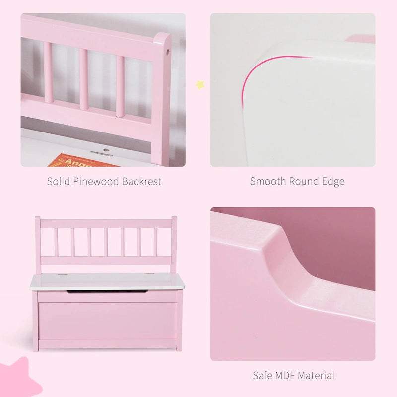 Banc de rangement pour enfants rose/gris/blanc avec couvercle de sécurité – Coffre à jouets et siège 2 en 1