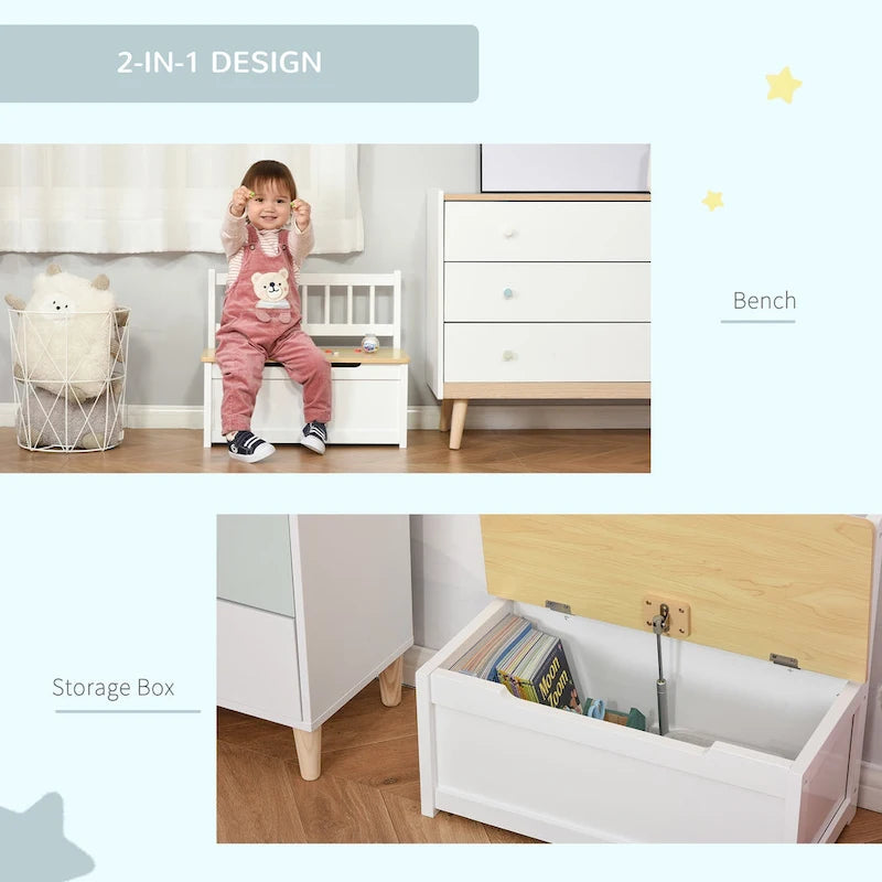Banc de rangement pour enfants rose/gris/blanc avec couvercle de sécurité – Coffre à jouets et siège 2 en 1