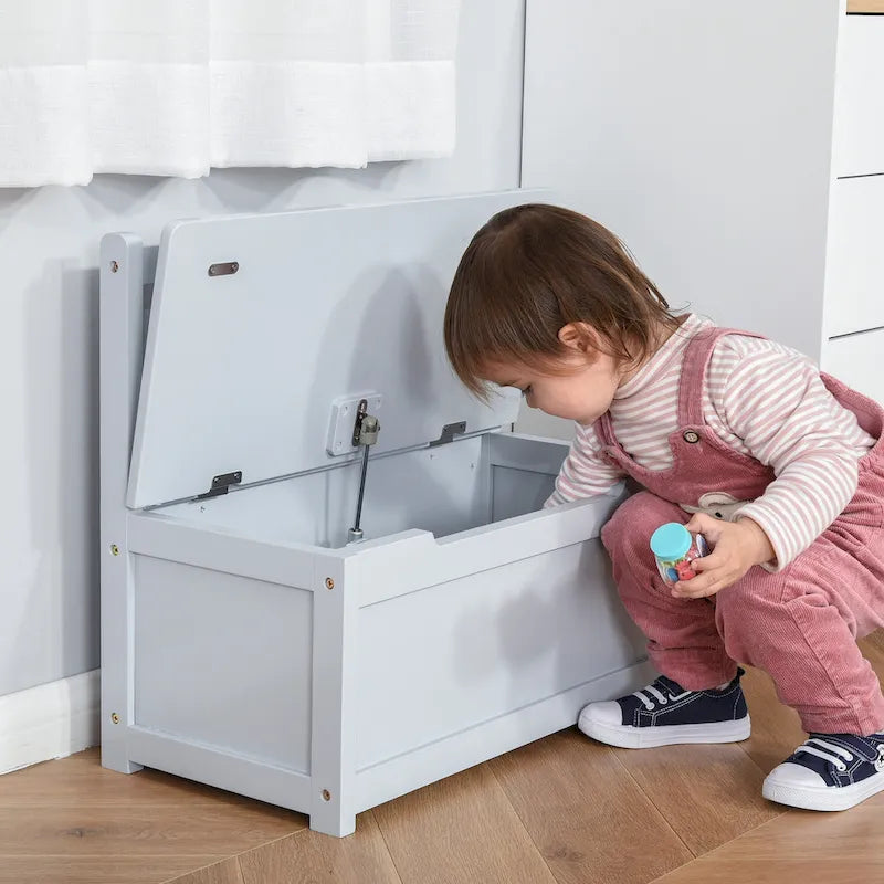 Banc de rangement pour enfants rose/gris/blanc avec couvercle de sécurité – Coffre à jouets et siège 2 en 1