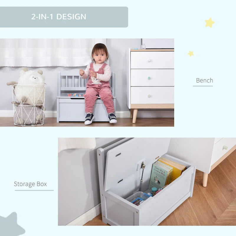 Banc de rangement pour enfants rose/gris/blanc avec couvercle de sécurité – Coffre à jouets et siège 2 en 1