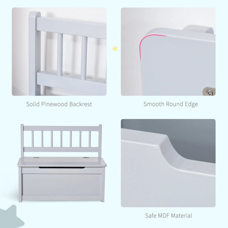 Banc de rangement pour enfants rose/gris/blanc avec couvercle de sécurité – Coffre à jouets et siège 2 en 1