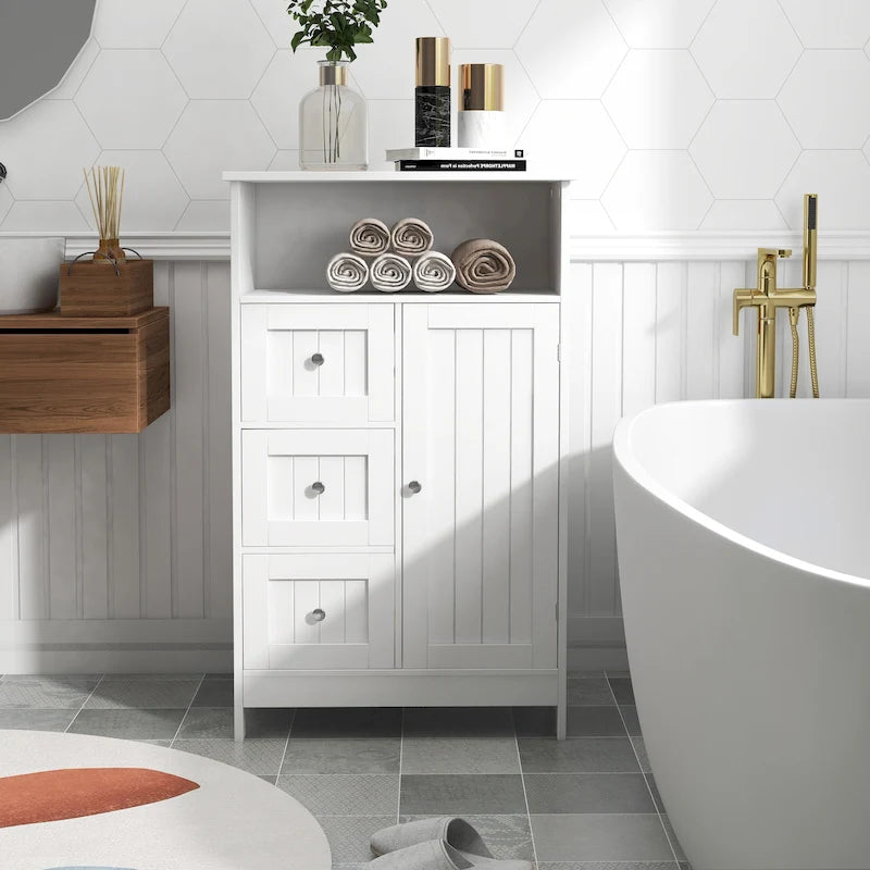 Meuble de rangement au sol blanc – 3 tiroirs et 1 porte, pour 1 personne