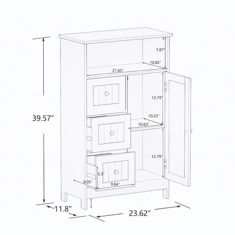 Meuble de rangement au sol blanc – 3 tiroirs et 1 porte, pour 1 personne