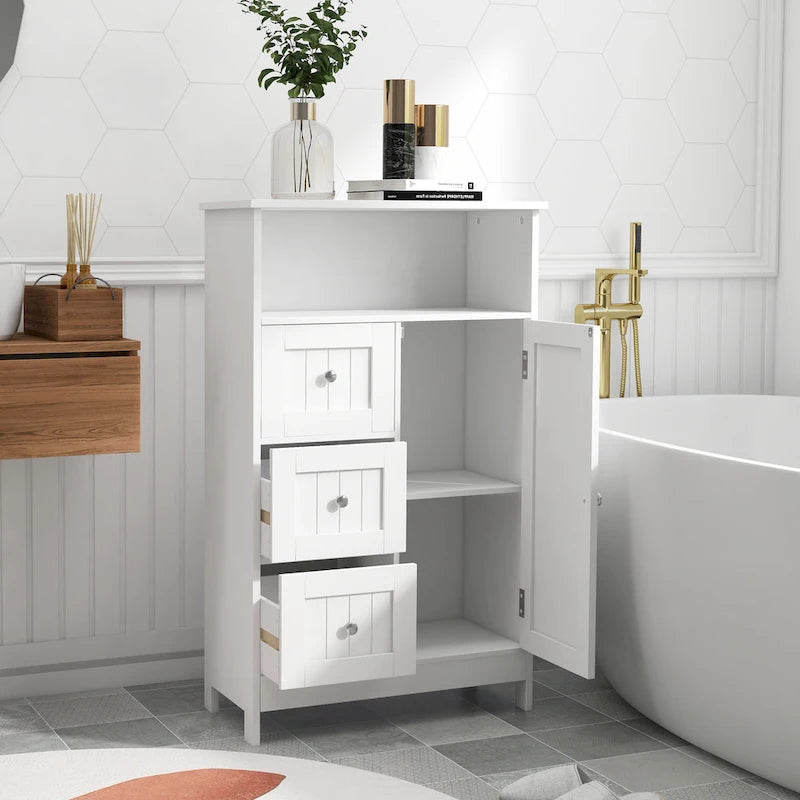 Meuble de rangement au sol blanc – 3 tiroirs et 1 porte, pour 1 personne
