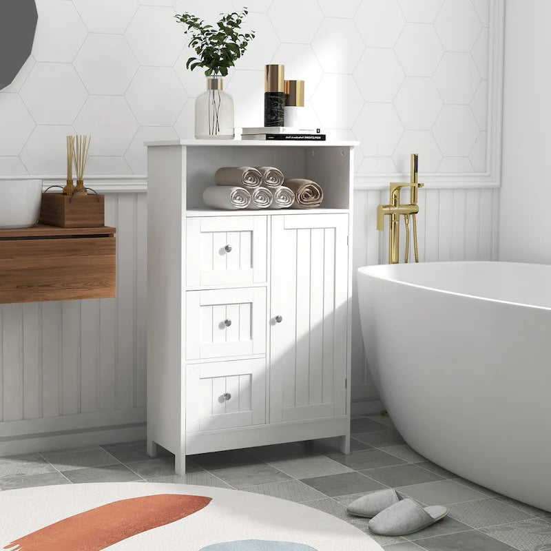 Meuble de rangement au sol blanc – 3 tiroirs et 1 porte, pour 1 personne