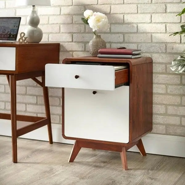 Meuble de classement à 2 tiroirs de style Mid-Century en noyer et blanc