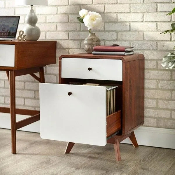 Meuble de classement à 2 tiroirs de style Mid-Century en noyer et blanc