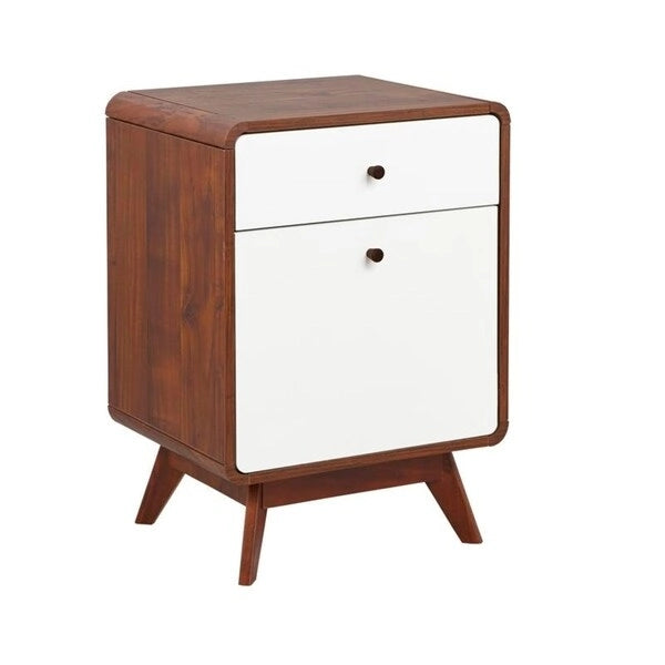 Meuble de classement à 2 tiroirs de style Mid-Century en noyer et blanc