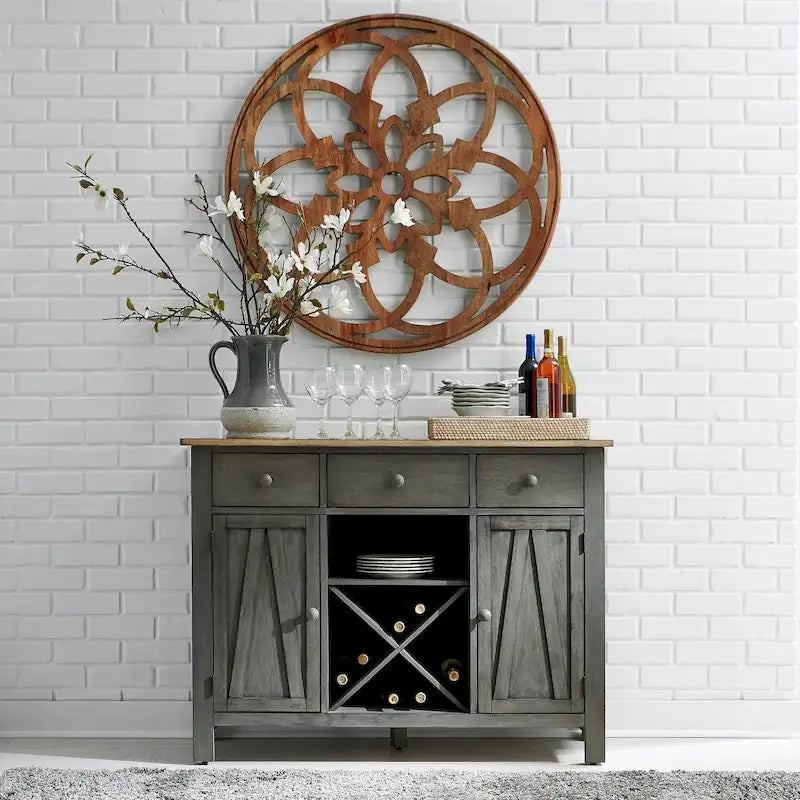 Desserte buffet gris et grès – 3 tiroirs, 2 portes, rangement pour le vin