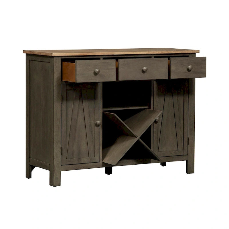 Desserte buffet gris et grès – 3 tiroirs, 2 portes, rangement pour le vin