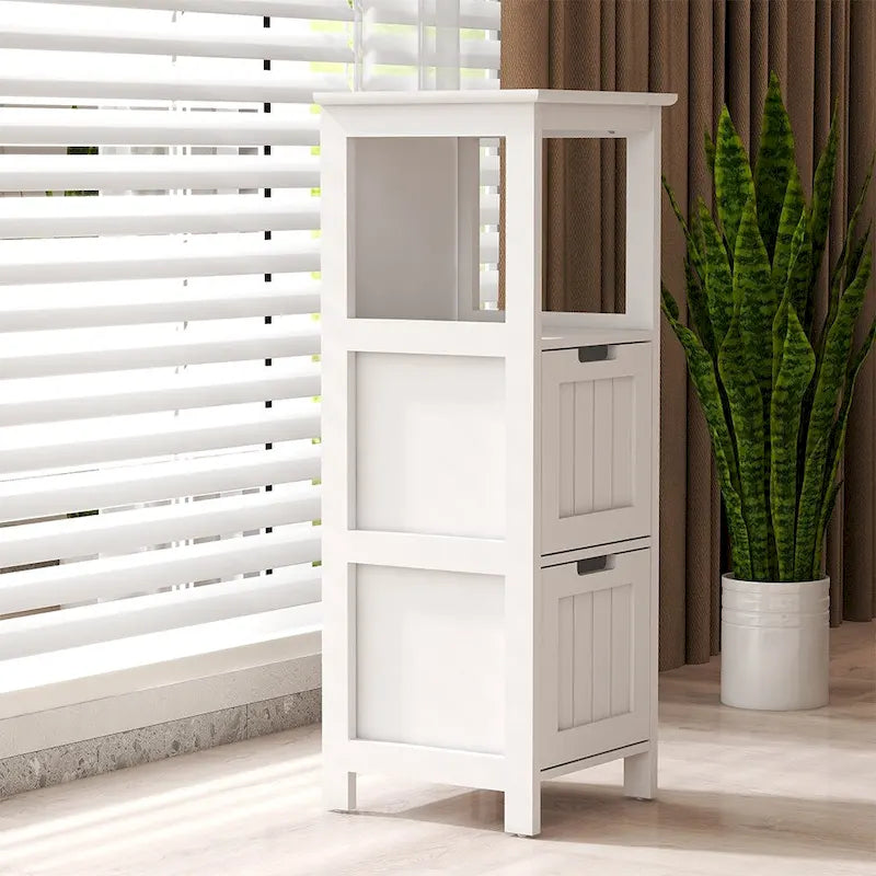 Meuble de rangement bas 2 tiroirs peint en blanc, assemblage 1 personne