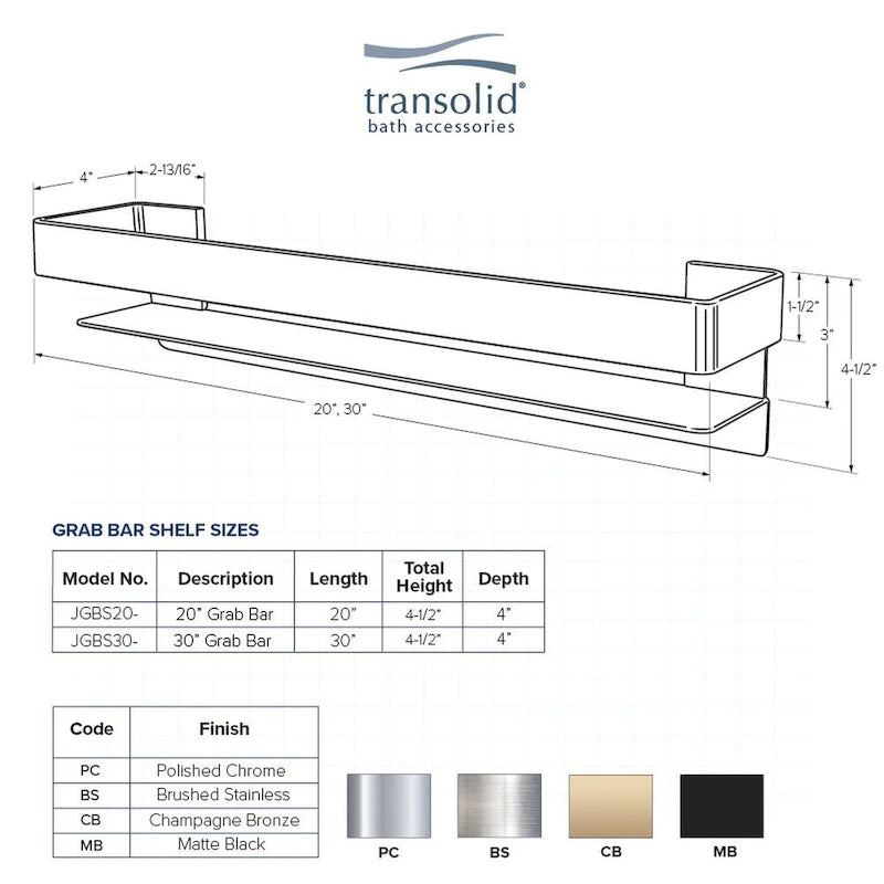 Étagère-barre d'appui en acier inoxydable de 20 po avec rail – Bronze Champagne / Chrome poli / Acier inoxydable brossé / Noir mat
