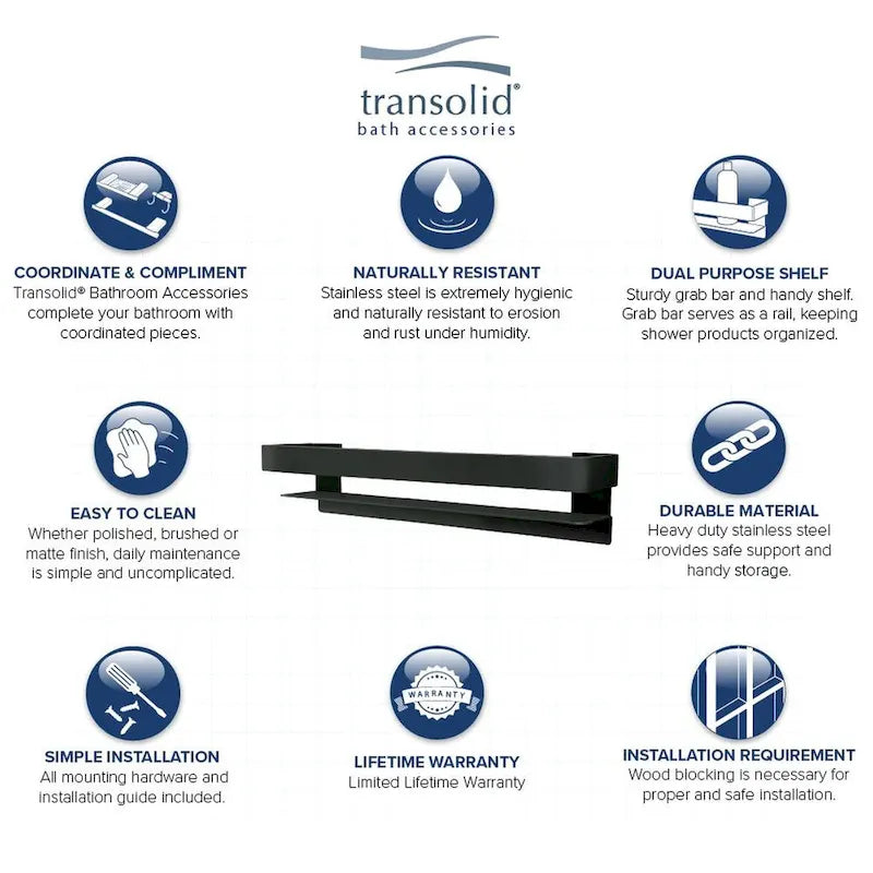 Étagère-barre d'appui en acier inoxydable de 20 po avec rail – Bronze Champagne / Chrome poli / Acier inoxydable brossé / Noir mat