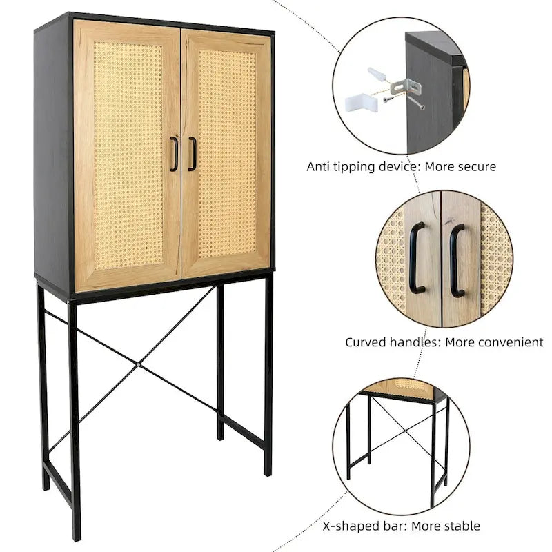 Meuble à porte simple en rotin naturel à 3 niveaux