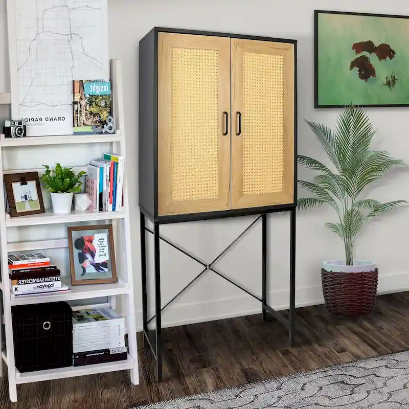 Meuble à porte simple en rotin naturel à 3 niveaux