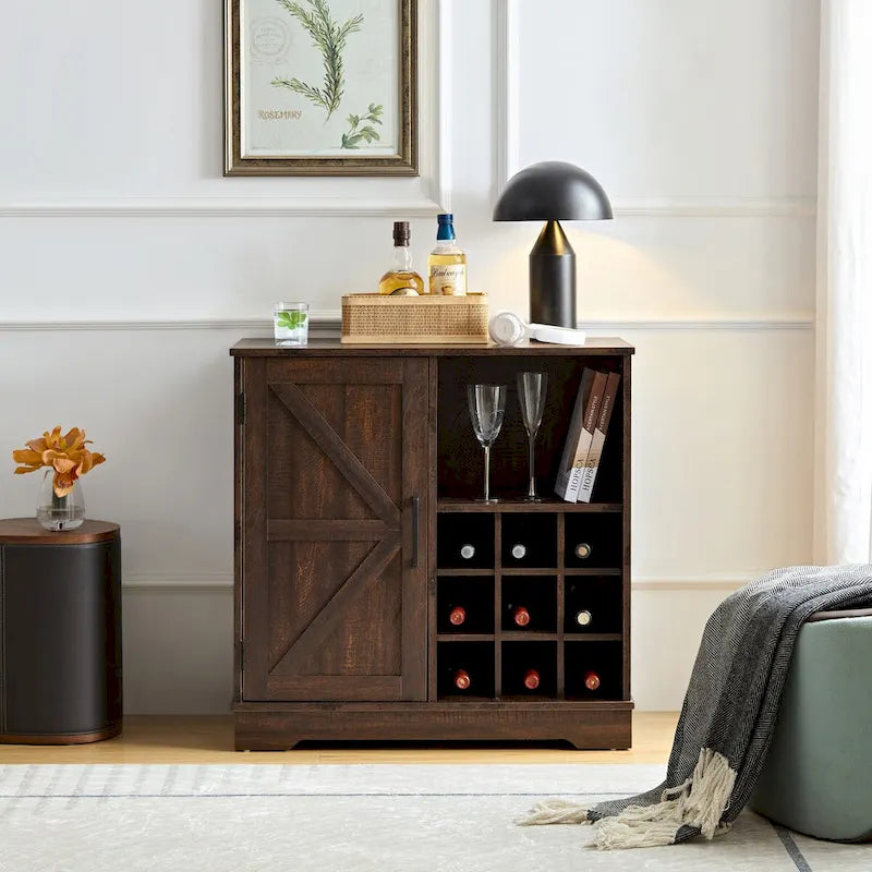 Buffet de Grange Noir/Fauve avec Porte Coulissante, Casier à Vin et Tiroir