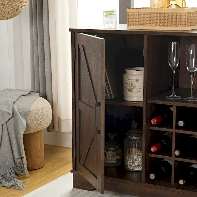 Buffet de Grange Noir/Fauve avec Porte Coulissante, Casier à Vin et Tiroir