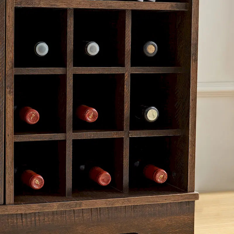 Buffet de Grange Noir/Fauve avec Porte Coulissante, Casier à Vin et Tiroir