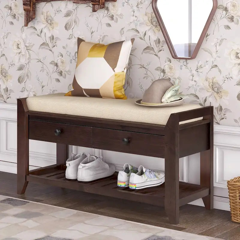 Banc de rangement d'entrée 2 personnes en bois patiné, expresso/gris avec coussin et tiroirs