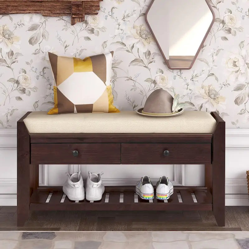 Banc de rangement d'entrée 2 personnes en bois patiné, expresso/gris avec coussin et tiroirs