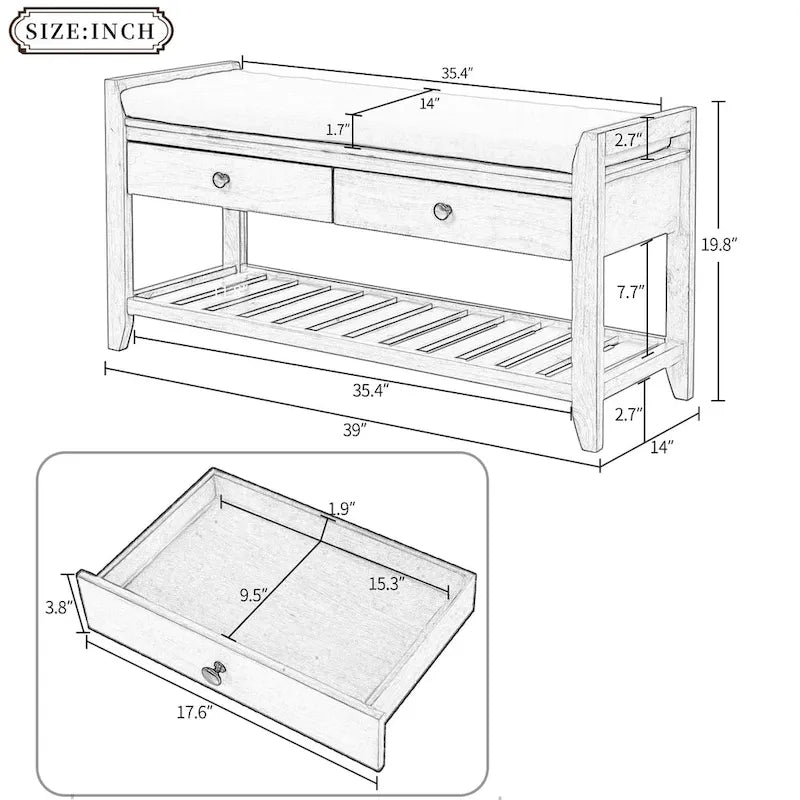 Banc de rangement d'entrée 2 personnes en bois patiné, expresso/gris avec coussin et tiroirs