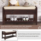 Banc de rangement d'entrée 2 personnes en bois patiné, expresso/gris avec coussin et tiroirs