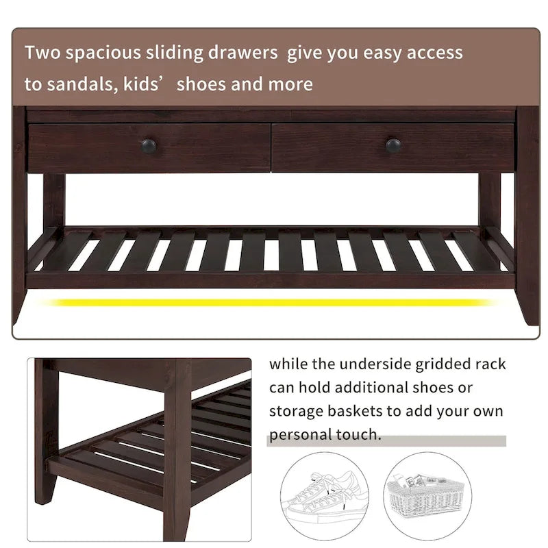 Banc de rangement d'entrée 2 personnes en bois patiné, expresso/gris avec coussin et tiroirs