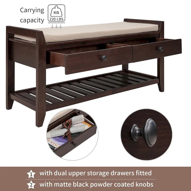 Banc de rangement d'entrée 2 personnes en bois patiné, expresso/gris avec coussin et tiroirs