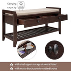 Banc de rangement d'entrée 2 personnes en bois patiné, expresso/gris avec coussin et tiroirs