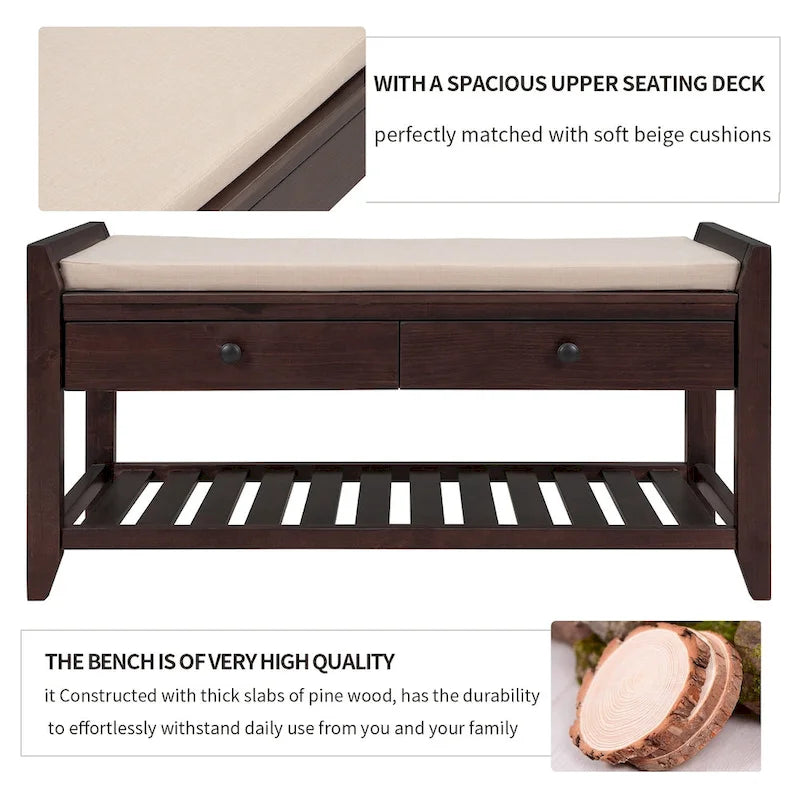 Banc de rangement d'entrée 2 personnes en bois patiné, expresso/gris avec coussin et tiroirs