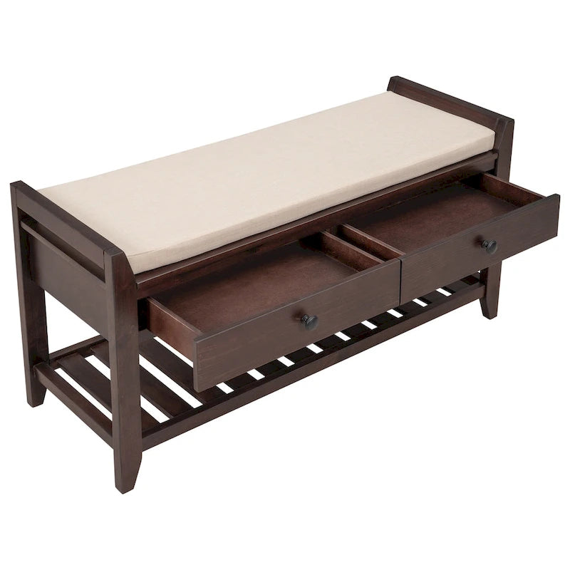 Banc de rangement d'entrée 2 personnes en bois patiné, expresso/gris avec coussin et tiroirs