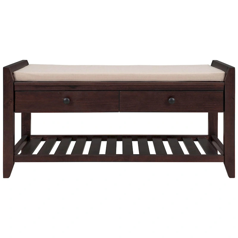 Banc de rangement d'entrée 2 personnes en bois patiné, expresso/gris avec coussin et tiroirs