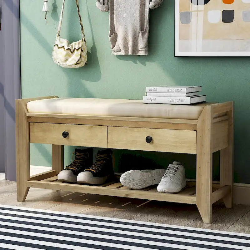 Banc de rangement d'entrée 2 personnes en bois patiné, expresso/gris avec coussin et tiroirs