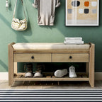 Banc de rangement d'entrée 2 personnes en bois patiné, expresso/gris avec coussin et tiroirs